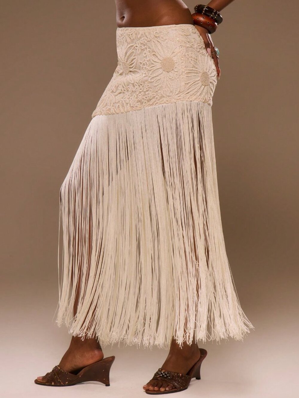 Cream Sun Patterned Lace Fringed Women's Midi Skirt - Picture 4 of 6